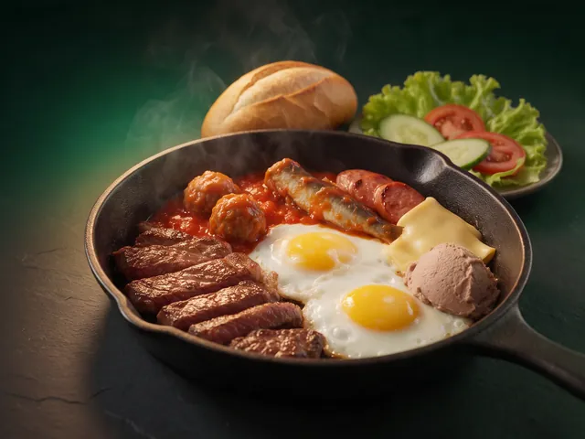 Bánh mì chảo: chảo gang có thịt bò, hai trứng ốp la, xíu mại sốt cà, cá mòi sốt cà, xúc xích, phô mai, pate, kèm bánh mì và đĩa xà lách, dưa leo, cà chua