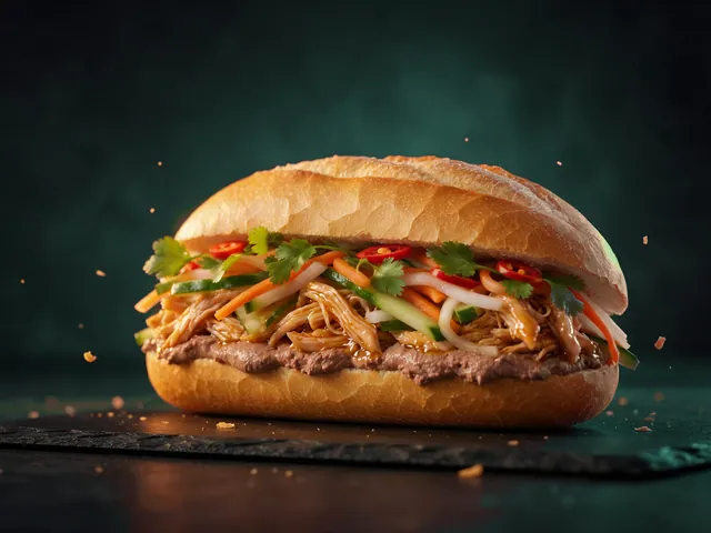 Bánh mì kẹp gà xé với pate, dưa leo, đồ chua, rau thơm và ớt