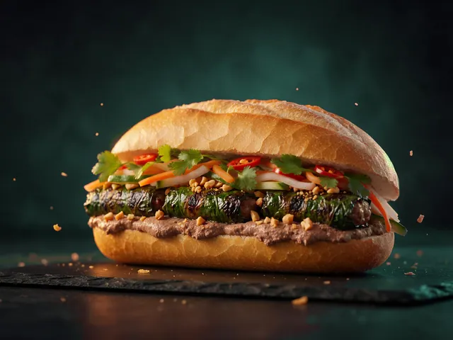 Bánh mì kẹp bò nướng lá lốt rắc đậu phộng, kèm dưa leo, đồ chua và rau thơm