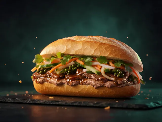 Bánh mì kẹp bò xốt tiêu xanh với pate, dưa leo và đồ chua