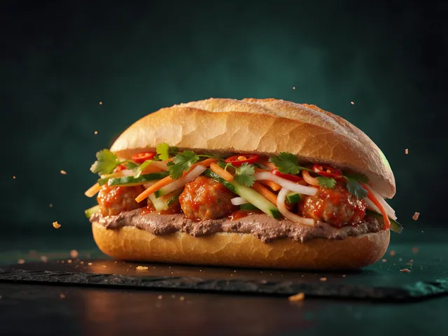 Bánh mì kẹp xíu mại sốt cà với dưa leo, đồ chua, rau thơm và ớt